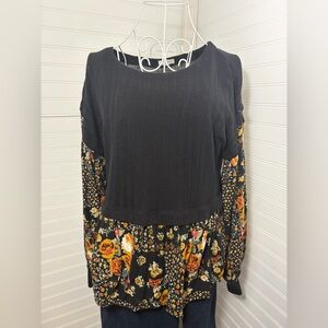 Maurices Black and Floral Mixed-Media Blouse